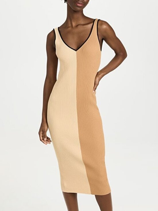 STAUD Dresses & Skirts - New Staud Dana Colorblock Ribbed Midi Dress Beige Small $165